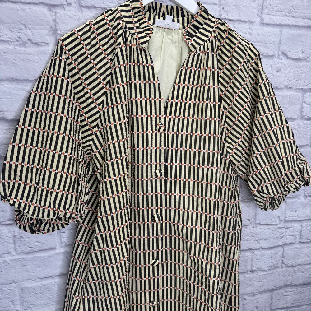 THML Puff Sleeve Stripe Dress Size M Black Yellow Dot Mini Shirt Button Pockets - Picture 3 of 8